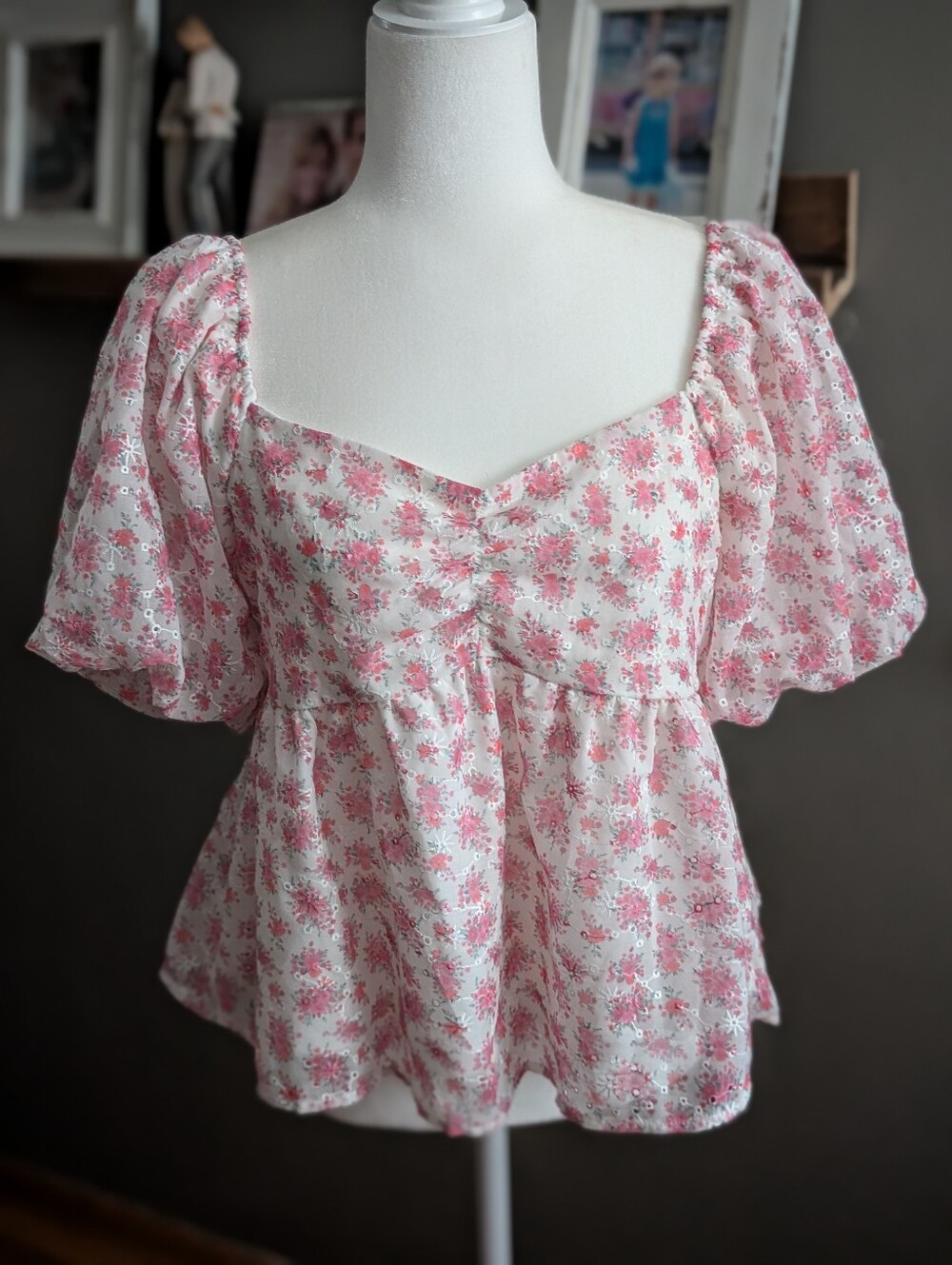 Altar'd State Raven Top XL Pink Floral Puff Sleeve Smocked Babydoll Coquette